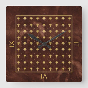 Vintage Leather Brown och Guld Damask Pattern Fyrkantig Klocka