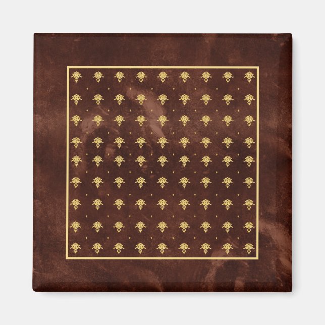 Vintage Leather Brown och Guld Damask Pattern Magnet (Framsidan)
