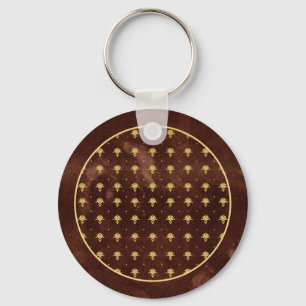 Vintage Leather Brown och Guld Damask Pattern Nyckelring