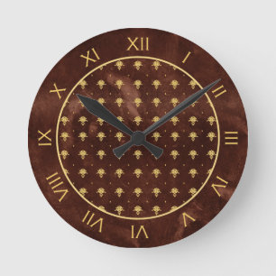 Vintage Leather Brown och Guld Damask Pattern Rund Klocka