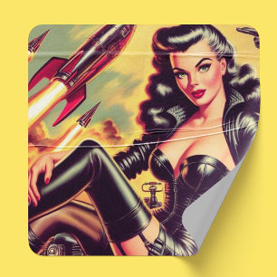 Vintage Leather Girl Sci-Fi Fyrkantigt Klistermärke