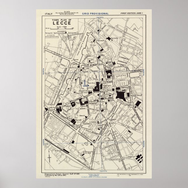 Vintage Lecce Italien Karta (1943) Poster (Framsidan)
