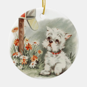 Vintage Ledsen Puppy väntar på ett Brev-Hund-namn Julgransprydnad Keramik