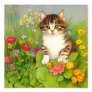 Vintage leende kattillustration fototryck