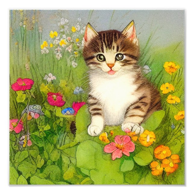 Vintage leende kattillustration fototryck (Framsidan)