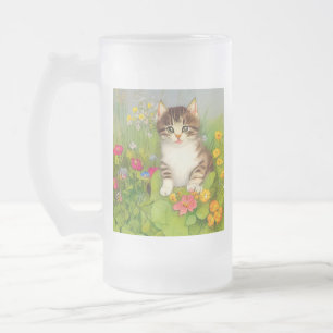 Vintage leende kattillustration frostat ölglas