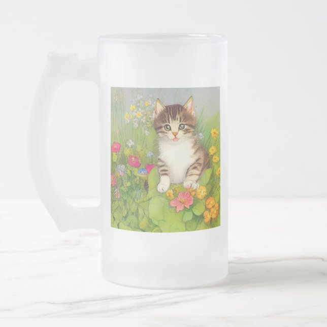 Vintage leende kattillustration frostat ölglas (Vänster)