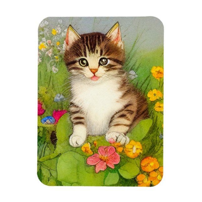 Vintage leende kattillustration magnet (Vertikal)