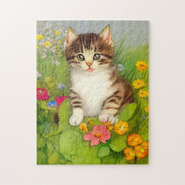 Vintage leende kattillustration pussel (Vertikal)