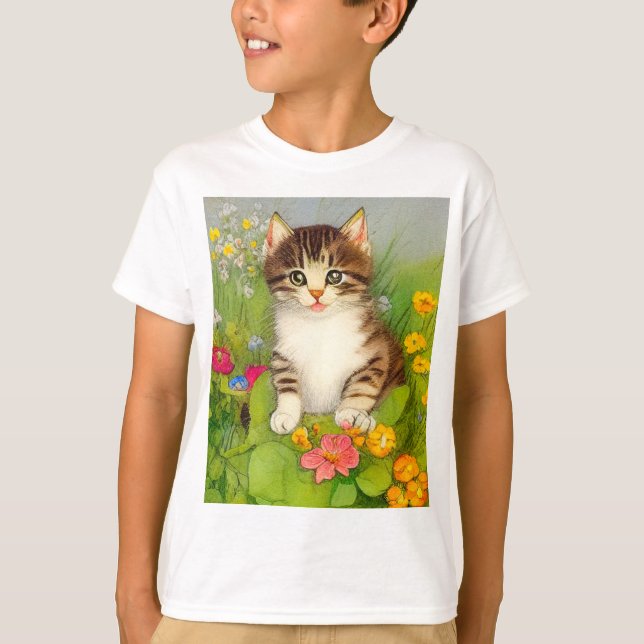 Vintage leende kattillustration t shirt (Framsida)