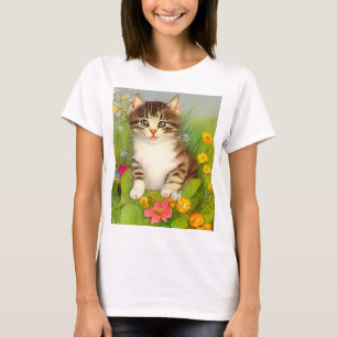 Vintage leende kattillustration t shirt