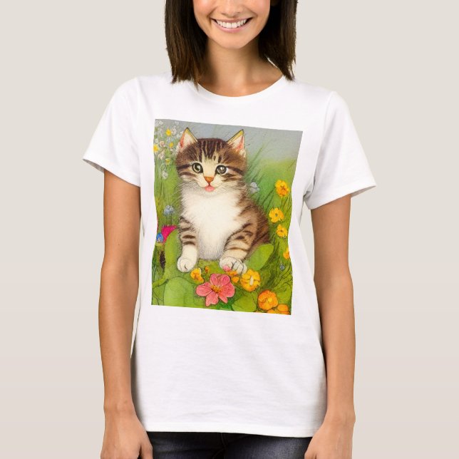 Vintage leende kattillustration t shirt (Framsida)