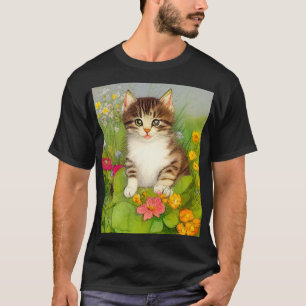Vintage leende kattillustration t shirt