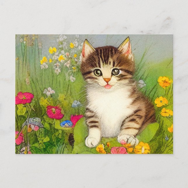 Vintage leende kattillustration vykort (Framsida)