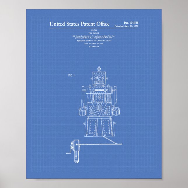 Vintage Leksak Robot 1955 Patent Art Blueprint Poster (Framsidan)