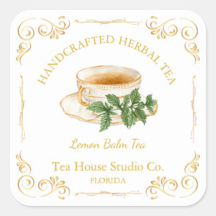 Vintage Lemon Balm Tea Square-etikett Fyrkantigt Klistermärke