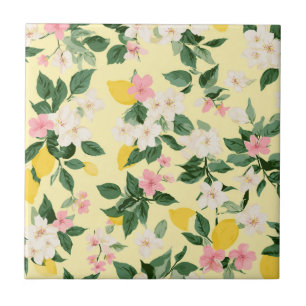 Vintage Lemon & Blommar Mönster på Gult Kakelplatta