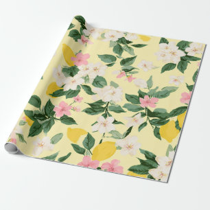 Vintage Lemon & Blommar Mönster på Gult Presentpapper