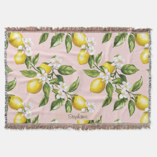 Vintage Lemon & Blommar Mönster på Rosa (2) Filt