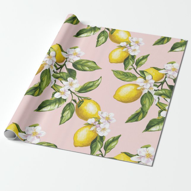 Vintage Lemon & Blommar Mönster på Rosa (2) Presentpapper (Utrullad)