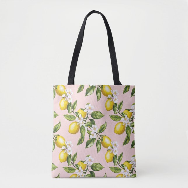 Vintage Lemon & Blommar Mönster på Rosa (2) Tygkasse (Framsida)