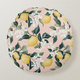 Vintage Lemon & Blommar Mönster på Rosa Rund Kudde