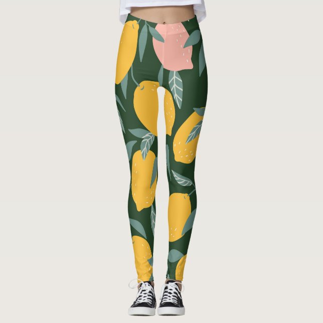 Vintage Lemon Fruit Seamless Mönster Leggings (Framsida)