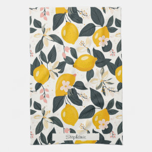 Vintage Lemon & Rosa Blommar Mönster Kökshandduk