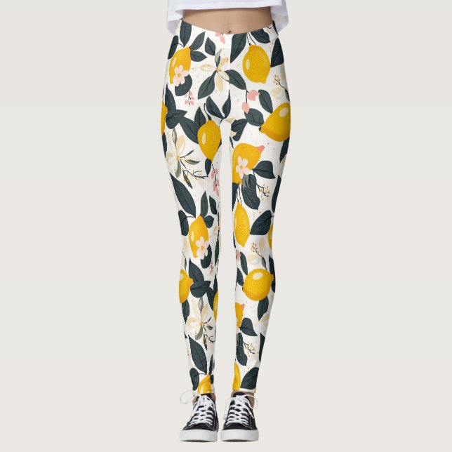 Vintage Lemon & Rosa Blommar Mönster Leggings (Framsida)