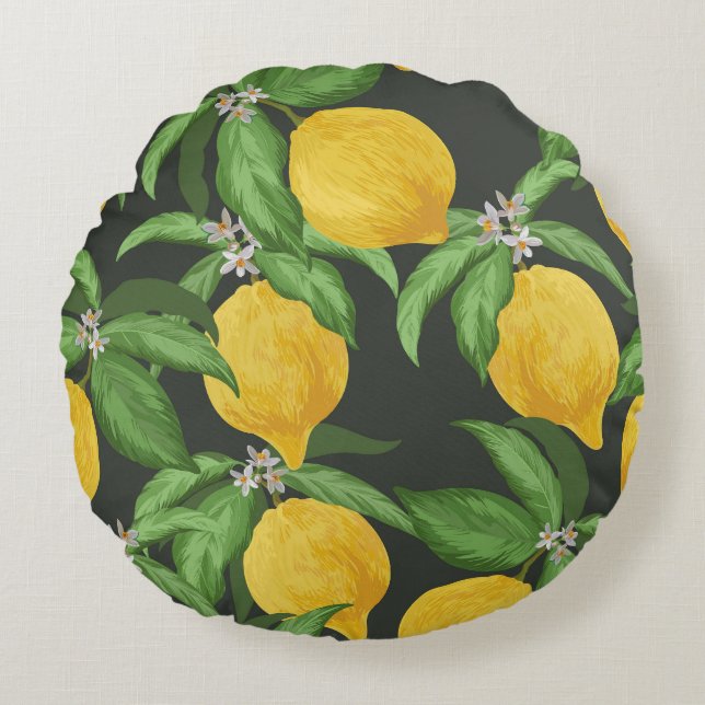 Vintage Lemon Tropical Mönster Rund Kudde (Framsidan)