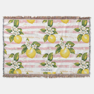 Vintage Lemons & Blooms på Rosa och vitt Rand Filt