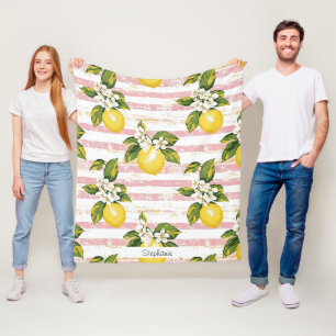 Vintage Lemons & Blooms på Rosa och vitt Rand Fleecefilt