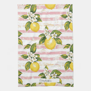 Vintage Lemons & Blooms på Rosa och vitt Rand Kökshandduk