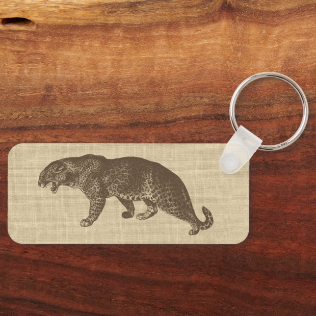Vintage Leopard Illustration on Burlap Magnet Nyckelring (Framsida)