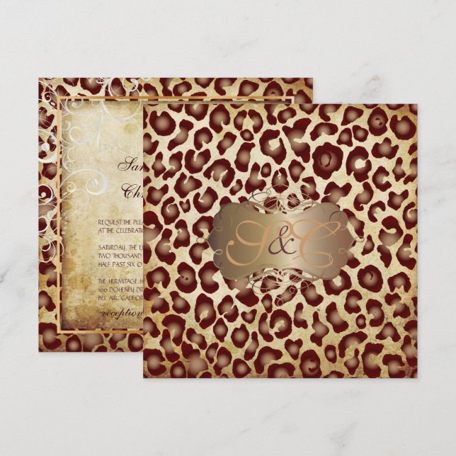 Vintage Leopard spots + rosor Inbjudningar (Fram/baksida)