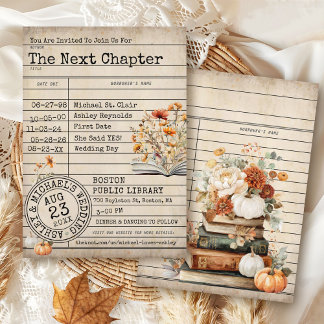 Vintage Library Card Books Fall Floral Wedding Inbjudningar