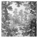 Vintage - liggande liggande - svartvitt kakelplatta<br><div class="desc">Klassisk vintage i landskapsskikt de jouy mönster med rostskydd och bro i en avskiljningsram med träd i skuggor av svart och grått på vit bakgrund. Mönster är sömlöst och kan byggas upp eller ned.</div>