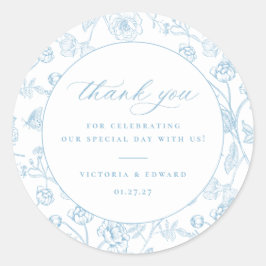 Vintage Light Blue Blommigt Bröllop Tack Runt Klistermärke