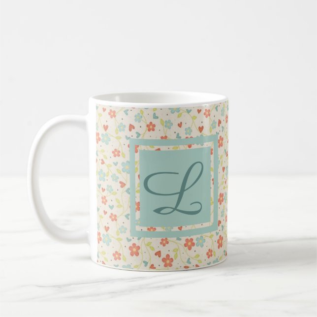 Vintage Light Vår Busy Blommigt Monogram Kaffemugg (Vänster)
