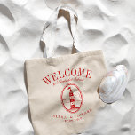 Vintage Lighthouse Anpassningsbar Crimson Välkomme Tygkasse<br><div class="desc">En unik uppsättning anpassningsbar tote bags som är skräddarsydd för stranden stil eller destinationsbröllop. Den innehåller en välkomsttext som följs av namn på platsen eller den person som tar emot påsen. Under detta finns en vintage-stil fyr i färg-krimns rött. All inslag i designen är anpassade med hjälp av anpassningsfunktionen. Njut...</div>
