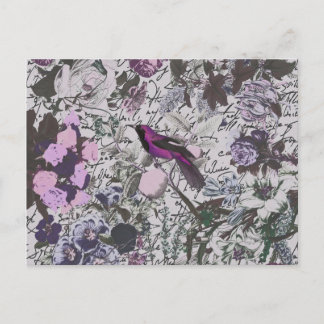 Vintage Lila Bird and Blommigt Print med skript Vykort