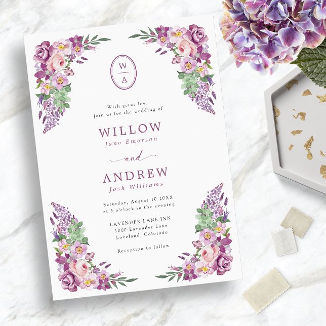 Vintage Lila Blommig Bröllop Inbjudningar (Vintage Purple Floral Wedding Invitation
)