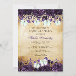Vintage Lila Blommigt Butterfly Quinceañera Inbjudningar