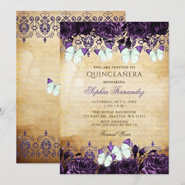 Vintage Lila Blommigt Butterfly Quinceañera Inbjudningar (Fram/baksida)