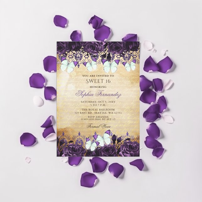 Vintage Lila Blommigt Butterfly Sweet 16 Inbjudningar (Vintage Purple Floral Butterfly Sweet 16 Invitation)