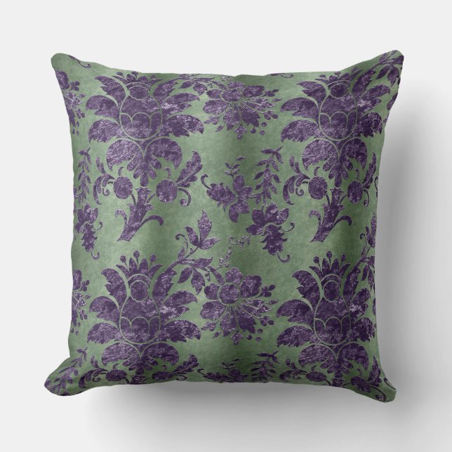 Vintage Lila Blommigt Damask Grönt Mönster Kudde (Framsida)