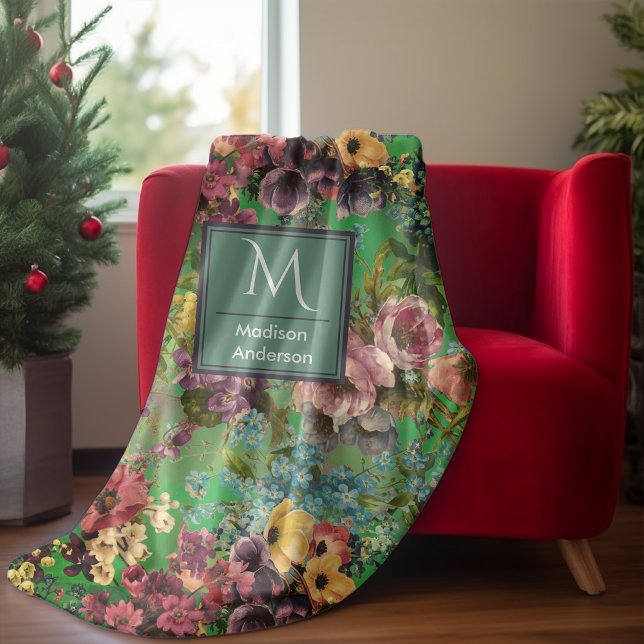Vintage lila blommigt grönt mönster monogram fleecefilt (Skapare uppladdad)