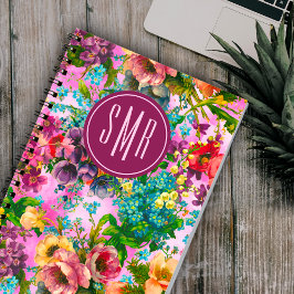 Vintage lila blommigt rosa mönster monogram anteckningsbok
