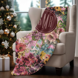 Vintage lila blommigt rosa mönster monogram fleecefilt