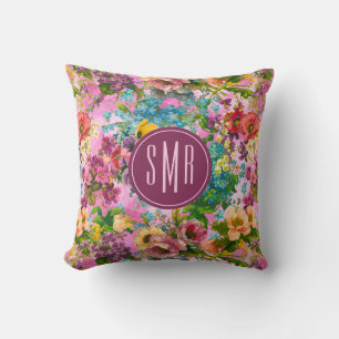 Vintage lila blommigt rosa mönster monogram kudde